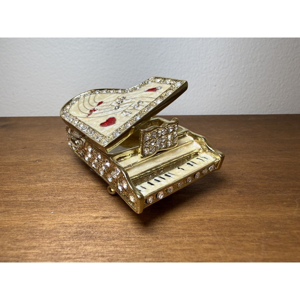 Bejeweled Grand Piano White Magnetic Hinged Metal Enameled Crystal Trinket box